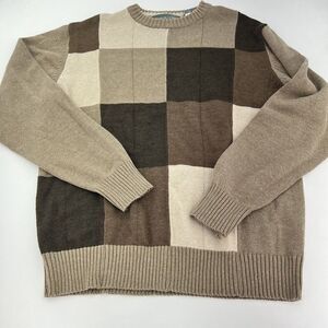 Oscar De La Renta Men's Plaid Sweater Brown Crewneck Sweater  Sz L